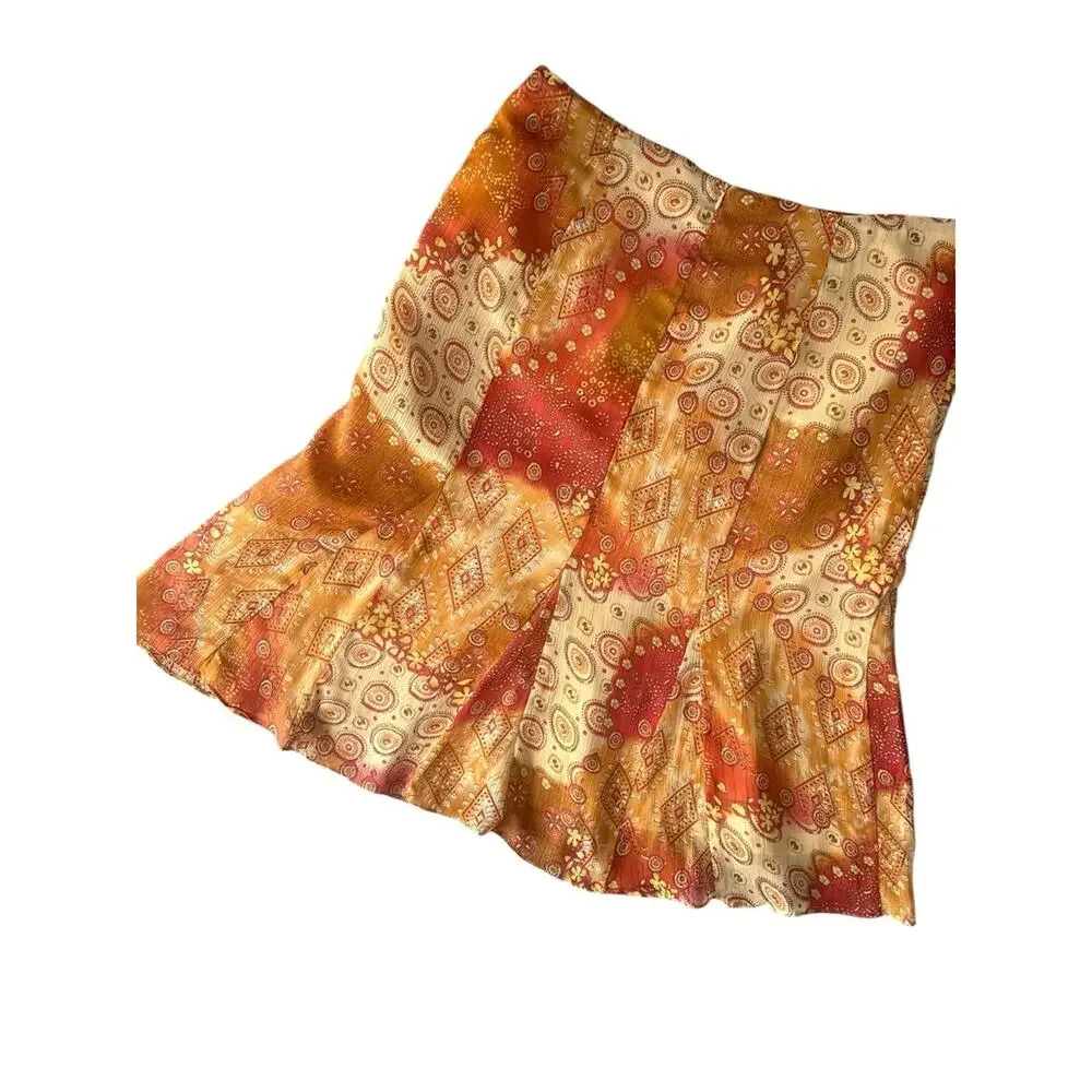Vintage Women Boho Fairy Trumpet Midi Skirt Size 14 Southwestern Print Metallic
